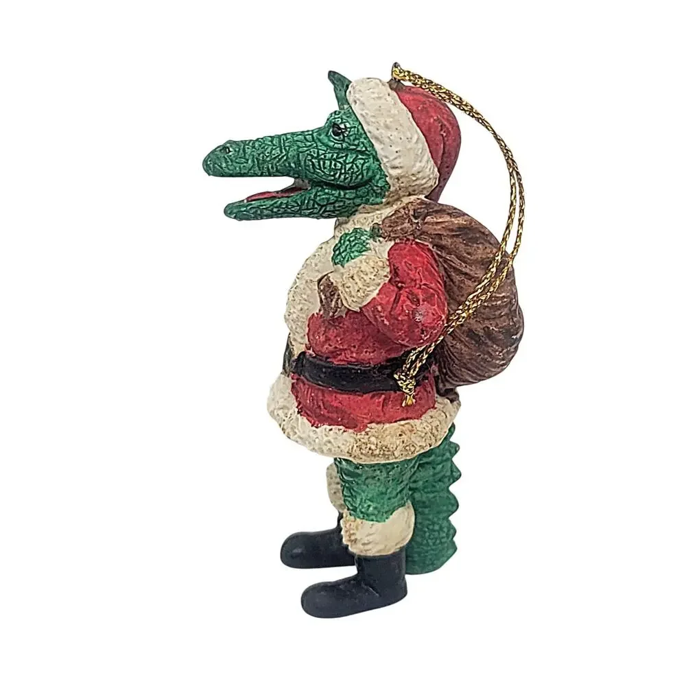 Vtg Alligator Crocodile Waving Resin Santa Claus Cajun Christmas Tree Ornament